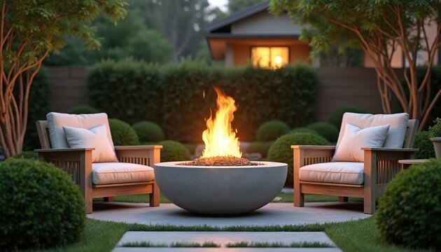Fire pit with comfy chairs in backyard. Flames burn in bowl surrounded by lounge seating. Evening outdoor scene at home patio. Relaxing leisure in the garden near house.