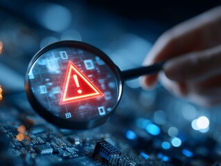 Hand holds magnifying glass on circuit board with a red warning sign. Concept for cybersecurity, data protection and vulnerability detection