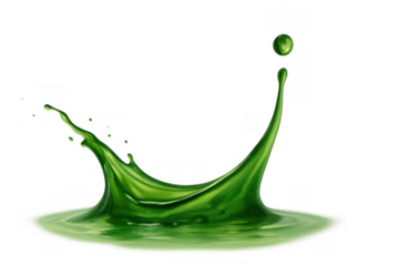 Green liquid splashing, creating dynamic ripples and a crown form with a drop falling, on a transparent background