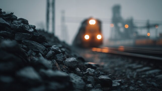 Close-up of a pile of coal with a train approaching on tracks in the background. Concept for energy industry, fuel supply and transportation infrastructure