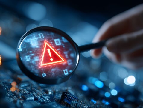 Hand holds magnifying glass on circuit board with a red warning sign. Concept for cybersecurity, data protection and vulnerability detection