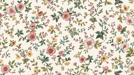 Obraz premium Floral pattern fabric with pink and yellow flowers and green leaves on a light background. Vintage botanical design. Decorative textile for upholstery or clothing.