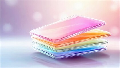 A stack of colorful, translucent layers with a soft, blurred background. The layers are arranged in a stack, with a gradient of colors.
