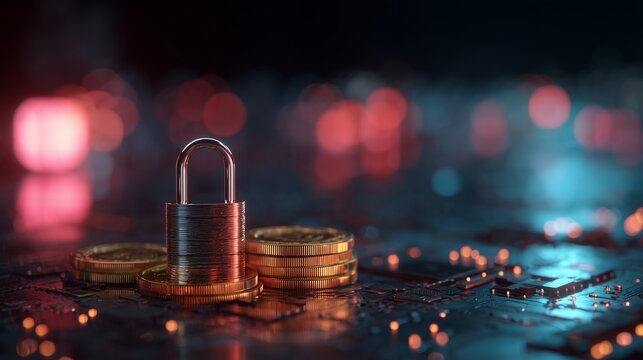 Close-up of a metal padlock on top of gold coins and circuit board on dark blurred background. Concept for financial security, cryptocurrency and data protection
