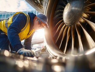 Focused aircraft maintenance engineer inspecting a jet engine up close. Concept for aviation industry, aerospace engineering and transportation maintenance