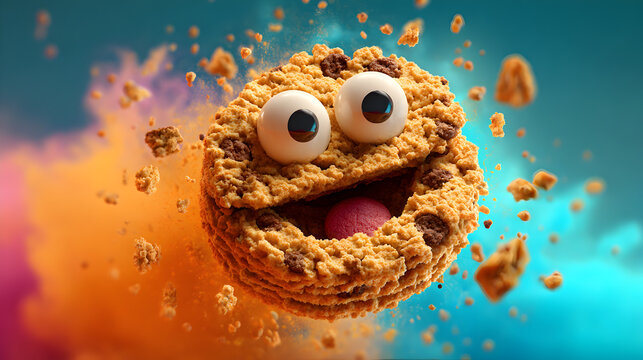una galleta animada con cara o rostro animado con ojos y boca divertida con chispas de galleta volando alrededor sobre un fondo con humo o pintura en explosion colorido infantil