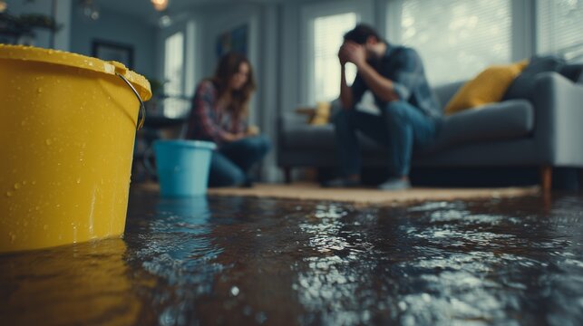 Close-up flooded floor and bucket with desperate couple in background. Concept for home insurance, disaster recovery and emergency services