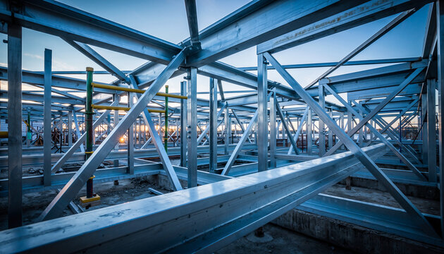 Dynamic steel framework construction with geometric patterns creating a modern industrial aesthetic, perfect for innovation and engineering projects