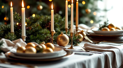 An elegant European holiday table setting with candles, pine branches and ornaments. Warm golden light and natural textures create a cozy minimal festive atmosphere ideal for seasonal lifestyle themes