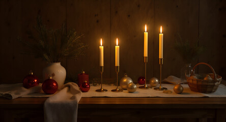 An elegant European holiday table setting with candles, pine branches and ornaments. Warm golden light and natural textures create a cozy minimal festive atmosphere ideal for seasonal lifestyle themes