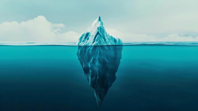 Iceberg: Dramatic illustration of an iceberg with the majority of its mass hidden beneath the water's surface, set against an expansive sky and serene water.