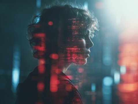 Profile of a focused software engineer overlaid with red data streams, concept for artificial intelligence, digital transformation and cybersecurity