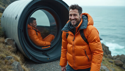 Smiling man in orange jacket exits futuristic pod. Cliffside lodging with ocean view offers adventure travel. Explore rugged coast, experience modern eco tourism. Safe escape, bold journey awaits.