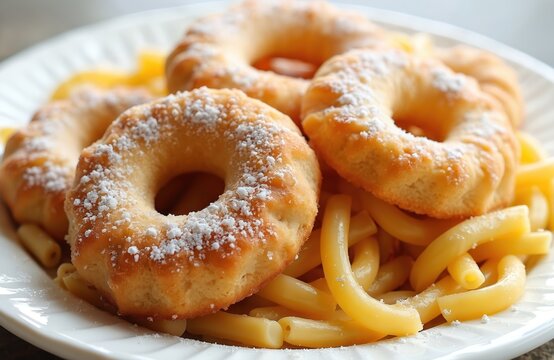 Golden ring cookies baked with sugar dusting rest on plate of pasta. Homemade pastries offer a delightful sweet and savory taste experience. These baked treats are perfect for sharing.