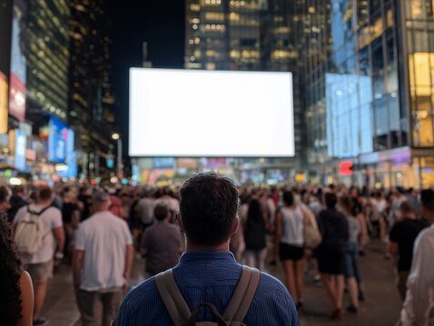 Man with backpack viewing a large blank billboard screen in a crowded Times Square. Concept for advertising, tourism and promotions