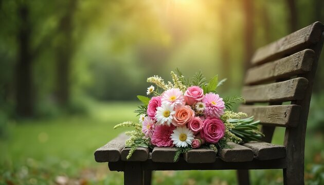 Colorful flower bouquet rests on weathered wooden park bench in green garden. Soft sunlight filters through trees creating serene atmosphere. Perfect for spring themes, nature scenes, romantic