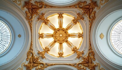 Luxury ceiling intricate gold ornament, white plaster details. Symmetrical architectural design with round windows, central light source. Grand interior decor creates elegant classic style, showing