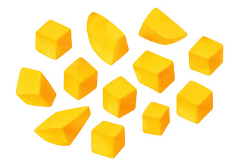 Watercolor mango pieces floating with transparent background