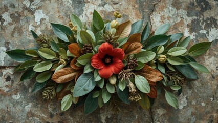 A floral arrangement with green leaves, brown accents, and a central red flower, set against a rustic textured background.