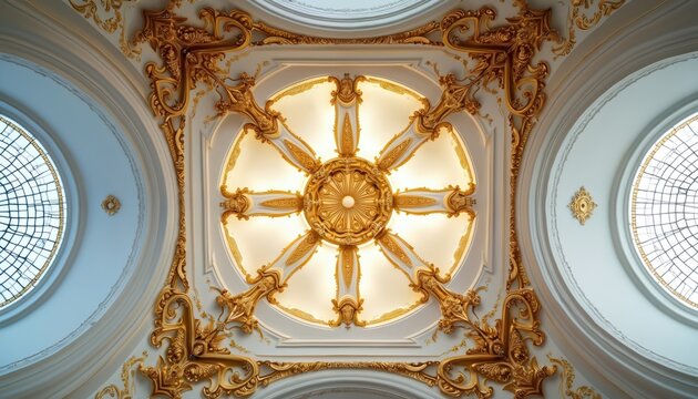 Luxury ceiling intricate gold ornament, white plaster details. Symmetrical architectural design with round windows, central light source. Grand interior decor creates elegant classic style, showing