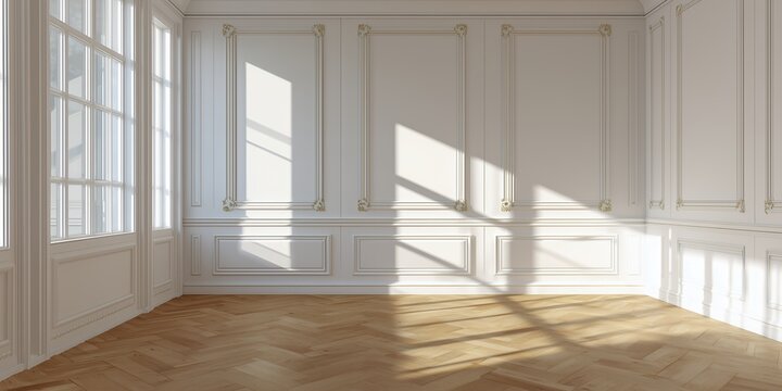 Empty white room with classic wall panels, wooden floor and sun light shining through window. Concept for interior design, architectural visualization and backdrop