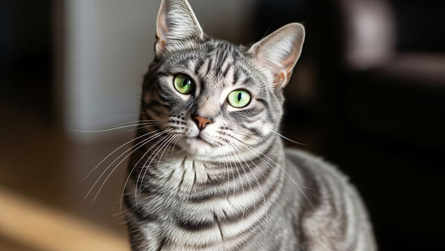 Adorable tabby cat with captivating green eyes stares intently, a charming feline friend portrait
