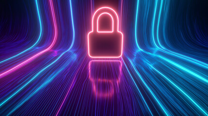 Futuristic Security: Luminous Padlock Amidst Flowing Data Streams and Technology