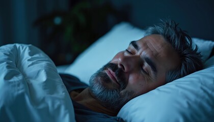 Close photo of middle aged man sleeping. Face in peaceful slumber on soft pillow. Tranquil scene shows deep sleep during night. Healthy rest with comfortable bedding at home.