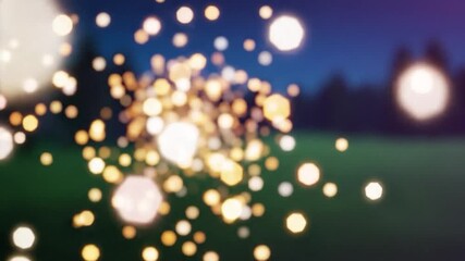 Warm bokeh lights shimmering against a dark, blurred natural background at night