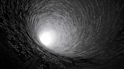 Futuristic digital tunnel with binary code leading to bright light.
