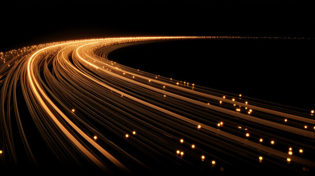 Golden strands of digital data flowing in an abstract network space.