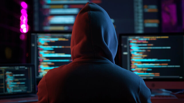 Hooded hacker coding with multiple screens in a dark, futuristic room.
