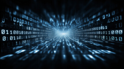 Abstract digital stream of binary code with light at the end