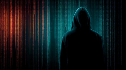 Mysterious hooded figure standing against digital code background, embodying hacker concept.