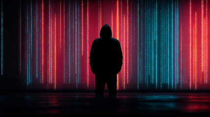 Hooded figure standing before a cascade of digital binary code