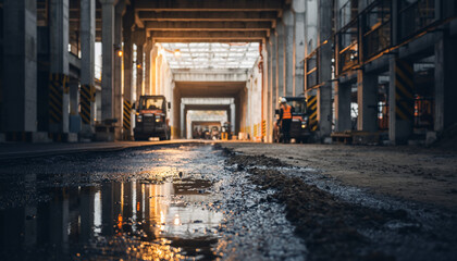 Construction site glows with determination, heavy equipment ready to pave the way to progress, promising a bright future for development projects ahead