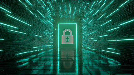 Digital Security: Padlock Encased in a Futuristic Glowing Green Data Tunnel.