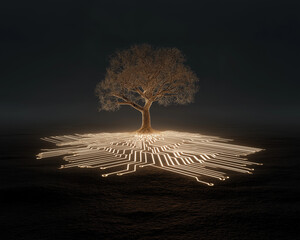 Digital Root: A Tree Embedded in Glowing Circuitry on Dark Background