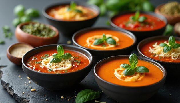 Arrangement of fresh tomato soups in bowls garnished with basil leaves and cheese. A culinary scene with various vegetable purees and herbs, perfect for menus, blogs, or cookbooks.