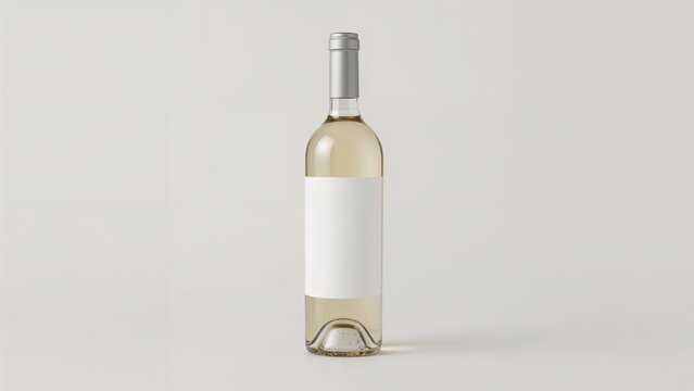 Empty wine bottle with blank white label on plain neutral background.
