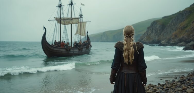Woman watches viking ship approach sandy beach with green cliffs. Warriors stand on boat sailing on choppy blue ocean water. Cloudy sky covers coastal landscape.