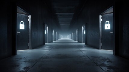 Eerie Hallway With Luminous Padlocks on the Doors Creating Security.