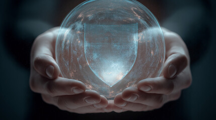 Digital shield held in hands, showing future protection and security.