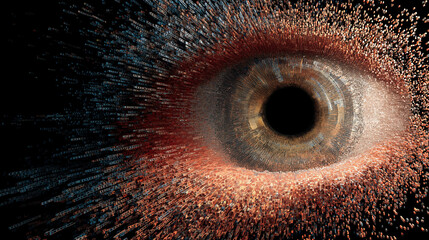 Abstract eye composed of bricks, with digital effect and dark background
