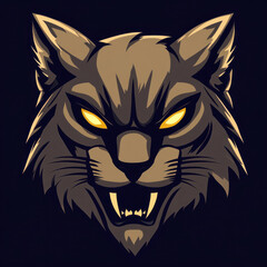 Obraz premium A stylish vector illustration of a predatory cat's head with bright golden eyes and a snarling grin. 
