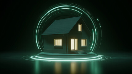 Futuristic Home: Modern Design with Neon Protection Surrounded by Green Light