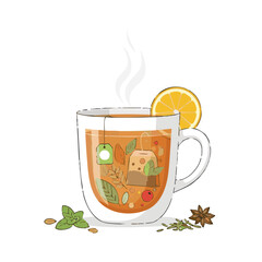 Herbal tea in mug with lemon and tea bag surrounded by herbs  