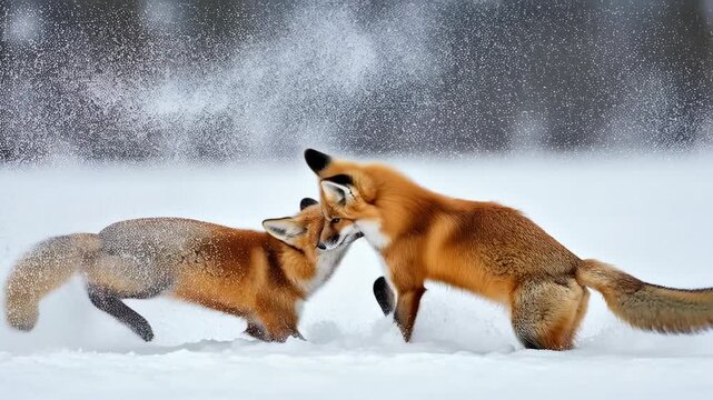 Two playful red foxes frolic in a pristine snowy forest, pouncing and interacting playfully amidst falling snowflakes, captured in a wide outdoor shot.
