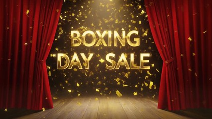 Red curtains open to announce a dazzling Boxing Day Sale with falling confetti.