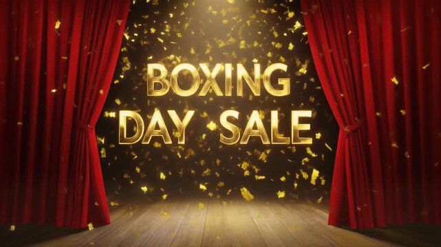 Red curtains open to announce a dazzling Boxing Day Sale with falling confetti.